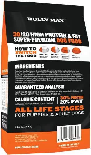  Bully Max High Performance Super Premium Dog Food (40 Pound Bag). For All Breeds And All Ages (Puppies And Adult Dogs). 535 Calories Per Cup. For Muscle, Growth, And Weight.