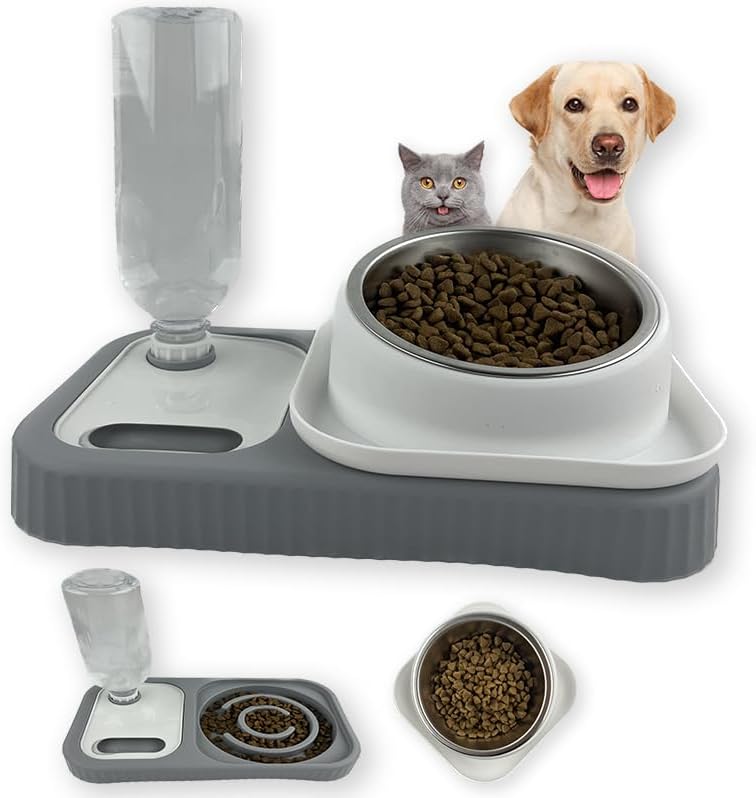  Cdycam Cat Dog Food And Water Bowl Set, Double Food Bowls With Automatic Gravity Water Bottle, Raised Slow Feeder, Detachable Stainless Steel Bowl, 15°Tilt Elevated No Spill Dispenser (Gray+White)