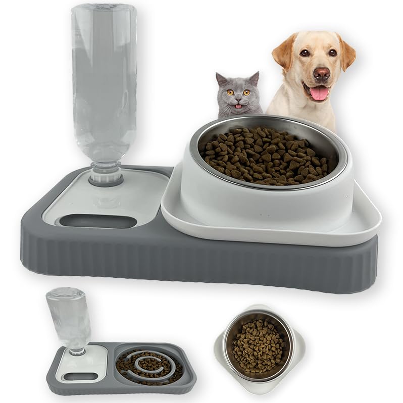  Cdycam Cat Dog Food And Water Bowl Set, Double Food Bowls With Automatic Gravity Water Bottle, Raised Slow Feeder, Detachable Stainless Steel Bowl, 15°Tilt Elevated No Spill Dispenser (Gray+White)