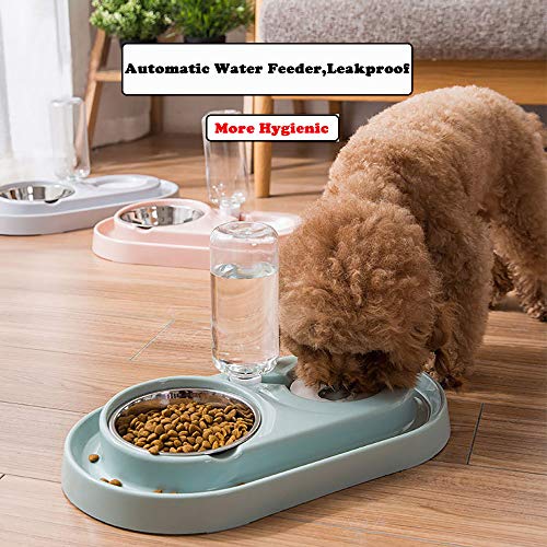  Double Dog Cat Bowls, Raised Pets Water And Food Bowl Set With Automatic Water Dispenser Bottle Detachable Stainless Steel Bowl No-Spill Pet Feeder For Small Medium Dogs And Cats Puppy Kitten Rabbit