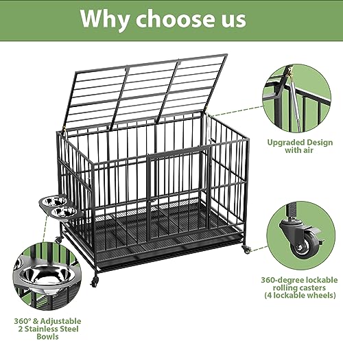  ROOMTEC 49 Inch Heavy Duty Dog Crate Cage Kennel With Wheels / 360° & Adjustable 2 Alloy Bowls/Unique Air Lift Rod/Sturdy Locks Design, Double Door And Removable Tray, Extra Large XL XXL Dog