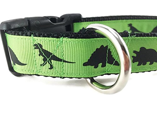  Dinosaur Dog Collar, Caninedesign, Green, T-Rex, Stegosaurus, Triceratops, 1 Inch Wide, Adjustable, Nylon, Medium And Large (Medium 13-19")