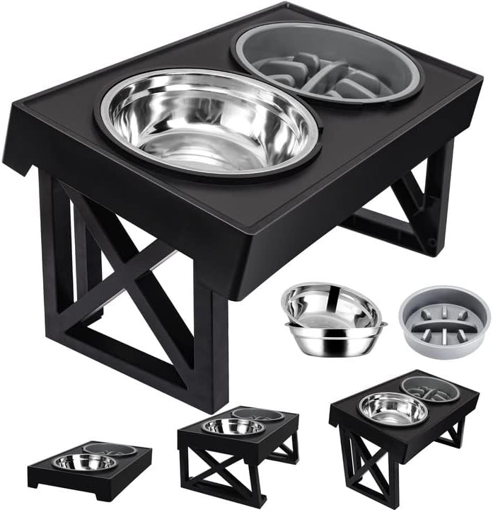  MDEHOPET Elevated Dog Bowls For Large Dogs, 3 Adjustable Heights Raised Pet Bowl Stand Feeder With Slow Feeder Bowl 2 Stainless Steel Food & Water Bowls For For Small Medium Large Dogs And Pets