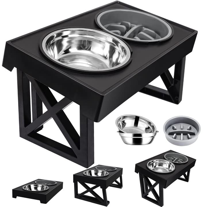  MDEHOPET Elevated Dog Bowls For Large Dogs, 3 Adjustable Heights Raised Pet Bowl Stand Feeder With Slow Feeder Bowl 2 Stainless Steel Food & Water Bowls For For Small Medium Large Dogs And Pets