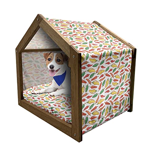  Lunarable Pepper Wooden Pet House, Vegetarian Food And Vegetables Pattern Exotic Hot Ingredients Mexican Cusine Element, Outdoor & Indoor Portable Dog Kennel With Pillow And Cover, Medium, Multicolor