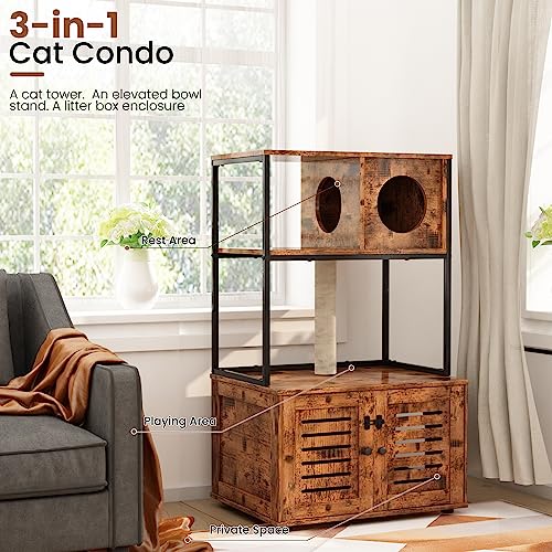 Cat Litter Box Enclosure With Shelves And Door, Hidden Cat Washroom Cabinet Furniture With Scratching Posts,Platform,Elevated Cat Feeding Bowl,All-in-One Wood Pet Crate Indoor Cat House Fumiture,Brown