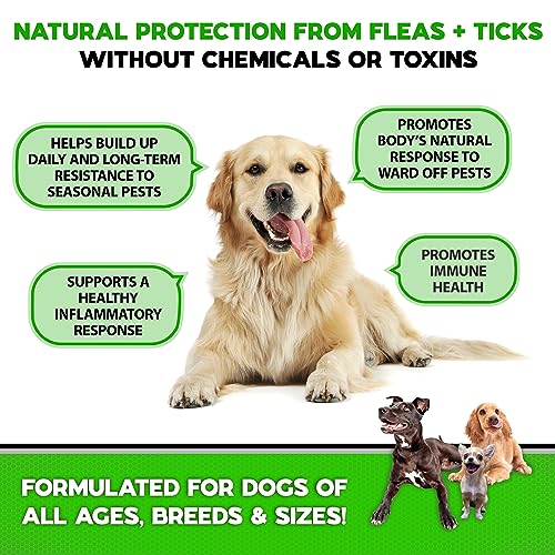  Flea And Tick Prevention For Dogs Chewables - Made In USA - Natural Flea And Tick Supplement For Dogs Chews- Oral Flea Pills For Dogs - No Mess | No Collars - All Breeds And Ages - Tasty Soft Tablets