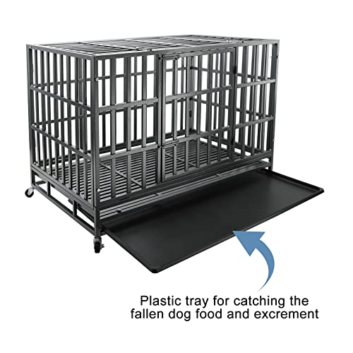 Confote 47 Inch Heavy Duty Dog Crate Metal Cage Kennel, High Anxiety Pet Cage With Lockable Wheels & Double Doors For Medium Large Dogs