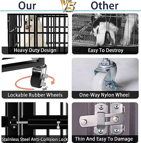  ROOMTEC 49 Inch Heavy Duty Dog Crate Cage Kennel With Wheels / 360° & Adjustable 2 Alloy Bowls/Unique Air Lift Rod/Sturdy Locks Design, Double Door And Removable Tray, Extra Large XL XXL Dog