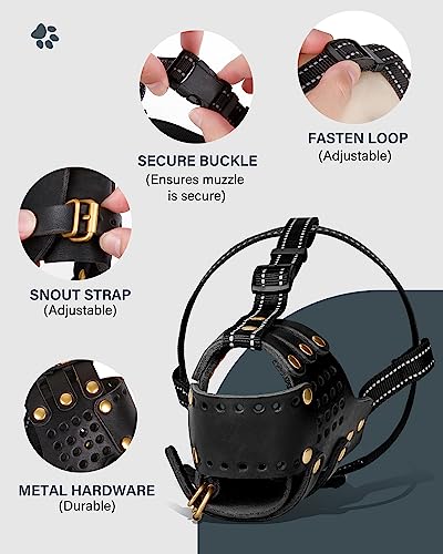  Dog Muzzle Leather, Pitbull Muzzle Amstaff Muzzles Staffordshire Terrier Secure Basket, Breathable And Adjustable Soft Muzzle For Medium Large Breeds Anti Biting Barking Chewing (Black, M)
