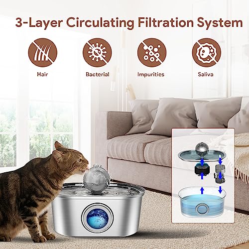  Nestsplus Cat Water Fountain,3.2L/108oz Stainless Steel Automatic Pet Water Fountain,Quiet Pump Dog Water Dispenser With LED Light,Dishwasher Safe,Water Level Window,3 Replacement Filters,for Cat/Dog