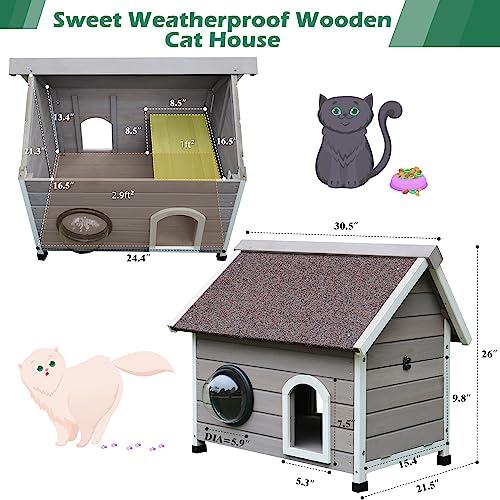  HiCaptain Weatherproof Outdoor Cat House, Wooden Feral Cat House For Outside, Unique Small Pet Shelter With Escape Door, Clear Window And Removable Attic-Grey