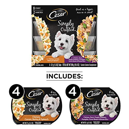  CESAR Simply Crafted Adult Soft Wet Dog Food Meal Topper Variety Pack, Chicken, Duck, Purple Potatoes, Pumpkin, Green Beans & Brown Rice And Chicken, Carrots, Barley & Spinach, (8) 1.3 Oz. Tubs