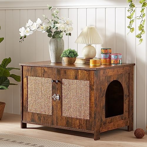  Cat Litter Box Enclosure With Shelves And Door, Hidden Cat Washroom Cabinet Furniture With Scratching Posts,Platform,Elevated Cat Feeding Bowl,All-in-One Wood Pet Crate Indoor Cat House Fumiture,Brown