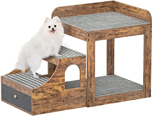  Cyclysio Pet Window Perch With Stairs, Super Large Pet Bunk Bed For Cats, Multi-Level Pet Seat Platform With Mats, Pet Bed Couch With Drawers For Bedside, Home, Indoor Use, Large Size, Rustic