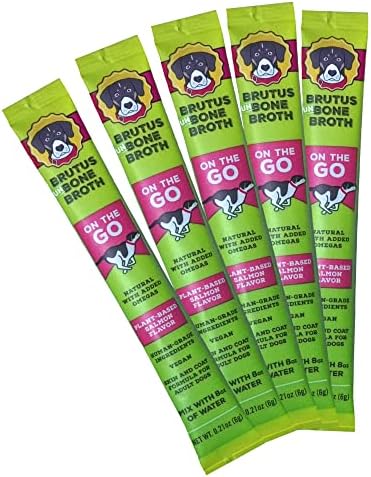  Brutus Instant Vegetable Broth For Dogs & Cats | Natural W/Omegas & Turmeric For Healthy Coat & Skin |Made In USA | Human Grade | Hydrating Dog Food Topper, Gravy, & Treat Vegan Salmon 10-pk
