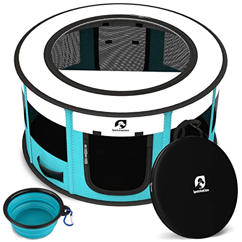  Playpen For Dogs, 44"*44"*24" Large Foldable Pet Play Pens Indoor Outdoor Exercise Pen With Carrying Case Food Bowl For Cat Puppy Rabbit (110cm/44, Cyan)