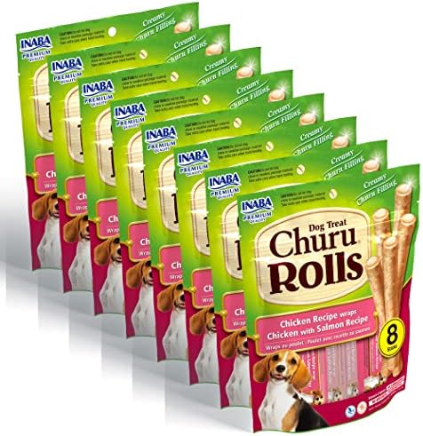  INABA Churu Rolls For Dogs, Grain-Free, Soft/Chewy Baked Chicken Wrapped Churu Filled Dog Treats, 0.42 Ounces Each Stick| 64 Stick Treats Total (8 Sticks Per Pack), Chicken With Salmon Recipe