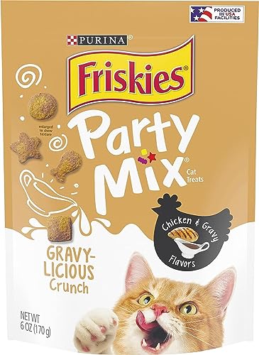  Purina Friskies Party Mix Cat Treats, Gravy-Licious Crunch With Chicken & Gravy Flavors, Crunchy Cat Treats For Adult Cats, 6 Ounce Resealable Pouch (8)