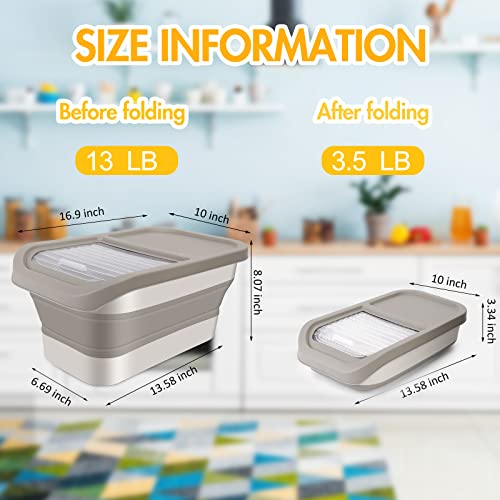  Collapsible 13LB Dog Food Storage Container With Transparent Sliding Lid,Pet Moisture-Proof Folding Rice Plastic Bin With Measuring Cup And Scoop Suitable For Storing Oat Millet Macaroni Corn（Khaki）