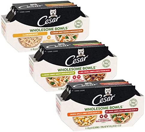  CESAR WHOLESOME BOWLS Adult Soft Wet Dog Food Toppers Variety Pack, Chicken, Carrots, Barley & Green Beans Recipe And Beef, Chicken, Purple Potatoes & Carrots Recipe, (6) 3 Oz. Bowls