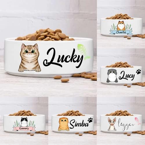 GENERIC Personalized Cat Bowls With Name & Breed Designs, Custom Cute Ceramic Kittens Bowl Icons, Customized Dish For Water, Dry Wet Food, Owner Gift, Available Small Larger Sizes, White