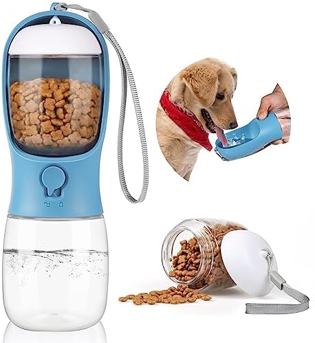  Kytely Dog Water Bottle 2 In 1, Portable Pet Water Bottle With Food Container, Leak Proof Puppy Water Dispenser With Drinking Feeder For Pets Outdoor Walking, Hiking, Puppy Essentials (19oz Blue)
