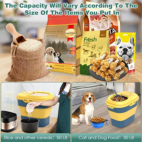  Collapsible Dog Food Storage Container, Dog Food Container 30 LB, Airtight Pet Food Storage Container With Folding Bowl, Measuring Cup, Scoop & Wheels, 50 Lb Kitchen Food Storage Bin For Dog Treats
