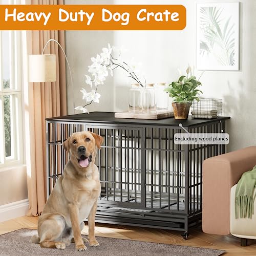  Tuanlove 48" Dog Crate Heavy Duty Indestructible Dog Crate, High Anxiety Dog Crate With Lockable Wheels Double Doors & Locks Design, Removable Tray Design, Upgraded (Silver)