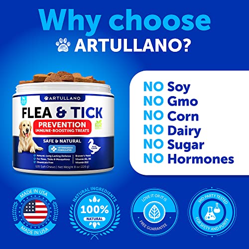  Flea And Tick Prevention For Dogs Chewables - Made In USA - Natural Flea And Tick Supplement For Dogs - Oral Flea Pills For Dogs - Pest Defense - All Breeds And Ages