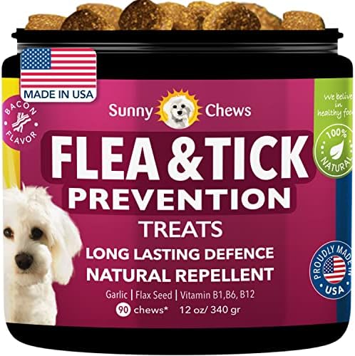  SUNNYCHEWS Flea And Tick Prevention For Dogs| Dog Flea & Tick Control Chewable| Dog Flea Treatment With Bacon Flavor| Natural Flea And Tick For Dogs| Dog Flea With Hemp, Garlic, Flaxseed, 12oz 90 Chew