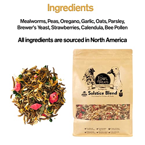  Fowl Treats Naturally Fortified Treats – Protein Rich Supplement Suitable For Chickens, Hens And Ducks, Hand Mixed With USA Grown Ingredients – Solstice Blend – 32oz