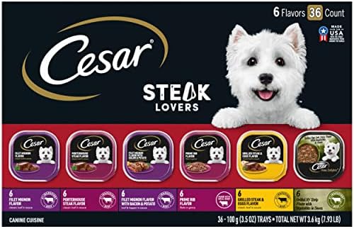  CESAR Adult Soft Wet Dog Food Steak Lovers Variety Pack With Real Meat, (36) 3.5 Oz. Trays