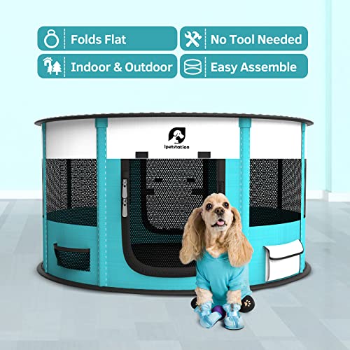  Playpen For Dogs, 44"*44"*24" Large Foldable Pet Play Pens Indoor Outdoor Exercise Pen With Carrying Case Food Bowl For Cat Puppy Rabbit (110cm/44, Cyan)