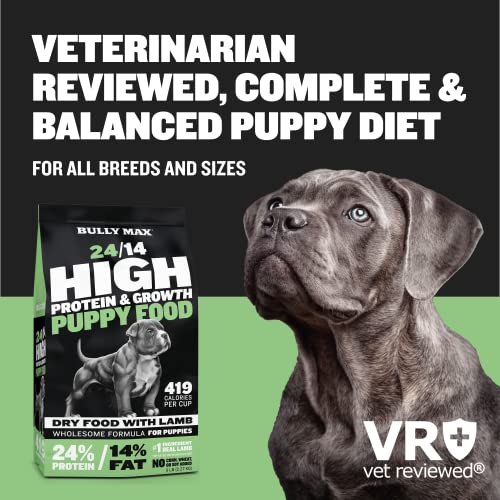  Bully Max Dog Food 24/14 High Protein & Growth Formula - Dry Dog Food, Puppy Food W/Lamb & Rice, All Breed Puppy Essentials, Slow Cooked Pet Food For Sensitive Stomachs, 5-Pound Bag