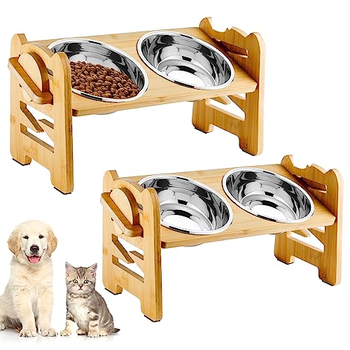  2 Pack Elevated Dog Cat Bowls, 6 Adjustable Heights Raised Dog Bowl For Small Dogs And Cats, 15° Tilted Bamboo Stand Pet Feeder, Dog Food Feeding Dishes Water Bowl With 2 Stainless Steel Bowls
