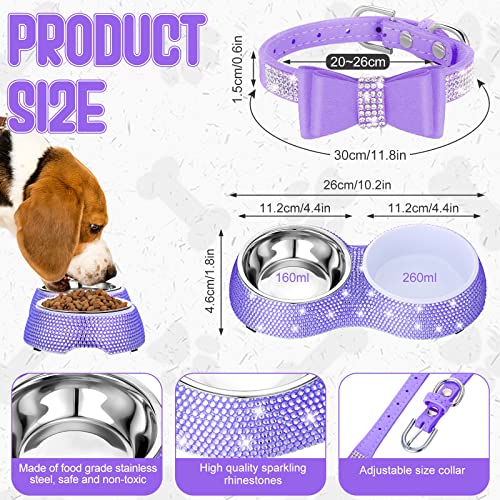  Gerrii 2 Pcs Pink Dog Cat Bowls And Small Puppy Collar Set For Cat And Dog, Pink Bling Cat Collars Rhinestones Stainless Steel Puppy Bowls Adjustable Bling Dog Collar (Light Purple, XS)