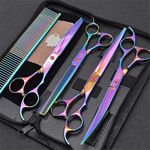  Professional 8.0 Inch Hairdressing Scissors Set Pet Hair Cutting Premium 440C Steel Kit Straight & Thinning & Curved Shears 5 Pcs Elbow Set For Cat Dog And More Pets Clean Grooming Tool(Multicolor),G