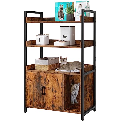  YITAHOME Large Hidden Cat Litter Box Furniture With 3 Shelves And Doors, Wood Litter Box Enclosure, Cat Washroom Storage, Brown