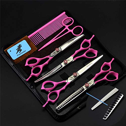  Pet Grooming Scissors Upscale Cat Dog 4 Pcs Set Pink Paint Handle Professional Trimmer Kit Premium 7.0 Inch 6CR Steel Beauticians Straight Cutting & Thinning & Curved Shears Combs