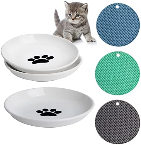  KITCHENLESTAR Ceramic Cat Food Plates,Cat Wet Food Bowls Cat Feeding Wide Bowls To Stress Relief Of Whisker Fatigue Cat Dishes, Shallow Bowls For Kittens And Small Animals With Non-Slip Mat (Cat Paw)