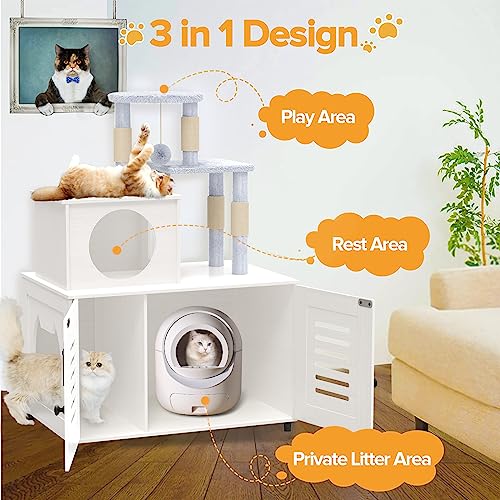  EasyCom Litter Box Enclosure, Hidden Cat Tree Tower Furniture For Indoor House, Modern Wooden All-in-one Cat Litter Cabinet With Scratching Post And Condo, White