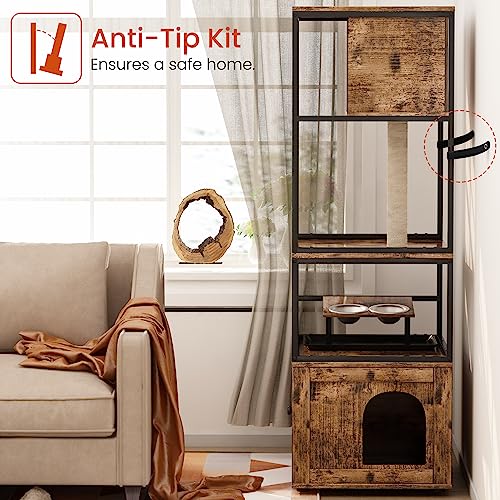  AWQM Large Cat Litter Box Enclosure,3 Level Cat Tree Tower With Elevated Cat Feeding Bowl,Scratching Posts,Hidden Cat Washroom,Kitty Condo,All-in-One Wood Pet Cat House/Cabinet Funiture,Rustic Brown