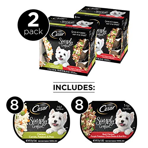  CESAR Simply Crafted Adult Wet Dog Food Meal Topper Variety Pack, Chicken, Carrots, Potatoes & Peas And Beef, Chicken, Purple Potatoes, Green Beans & Red Rice, (10) 1.3 Oz. Tubs