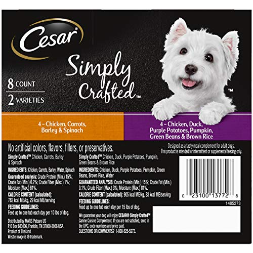  CESAR Simply Crafted Adult Soft Wet Dog Food Meal Topper Variety Pack, Chicken, Duck, Purple Potatoes, Pumpkin, Green Beans & Brown Rice And Chicken, Carrots, Barley & Spinach, (8) 1.3 Oz. Tubs