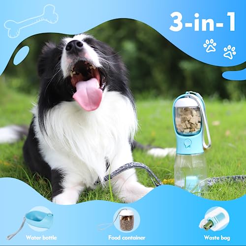  MORMIUKII Dog Water Bottles,Portable Dog Water Bottle With Food Container & Poop Bags,Leak Proof Dog Travel Water Bottle For Walking,Hiking,Travel,BPA-Free & Ligthtwight（20oz）(Blue)