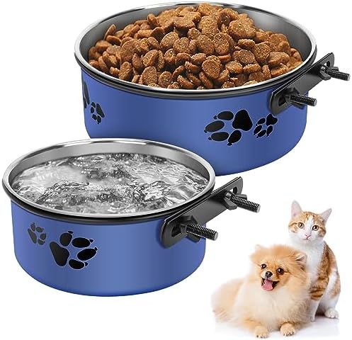  Hanging Pet Bowls,2PCS Pet Grate Bowl With Clamp Holder,Stainless Steel Dog Water Bowl Food Feeder,Removable Pet Dish Bowl For Cat,Dog Small/Medium/Large Animal (7.1"x2.8"+5.5"x2.2", Gray)