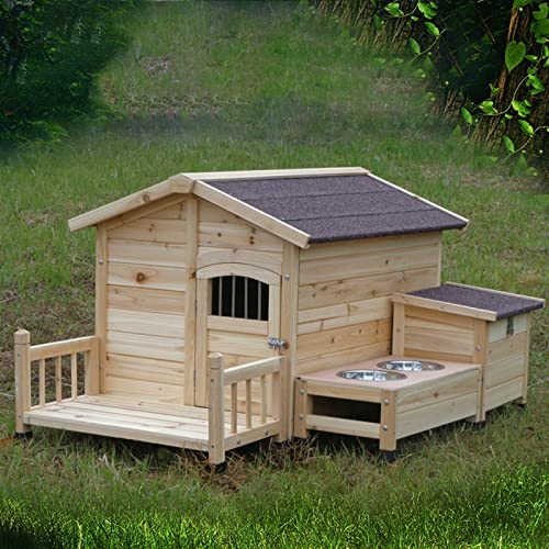  QXWJ Dog House,Wooden Outdoor With Porch Food Bowl Storeroom Pet Log Cabin Style Kennel,Weather Resistant Waterproof Home Pet Furniture,for Small Medium Large Animals