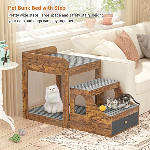  Cyclysio Pet Window Perch With Stairs, Super Large Pet Bunk Bed For Cats, Multi-Level Pet Seat Platform With Mats, Pet Bed Couch With Drawers For Bedside, Home, Indoor Use, Large Size, Rustic