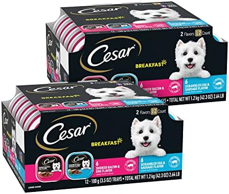  CESAR Soft Wet Dog Food Loaf In Sauce Rotisserie Chicken Flavor With Bacon & Cheese And Filet Mignon Flavor With Bacon & Potato Variety Pack, (24) 3.5 Oz. Easy Peel Trays